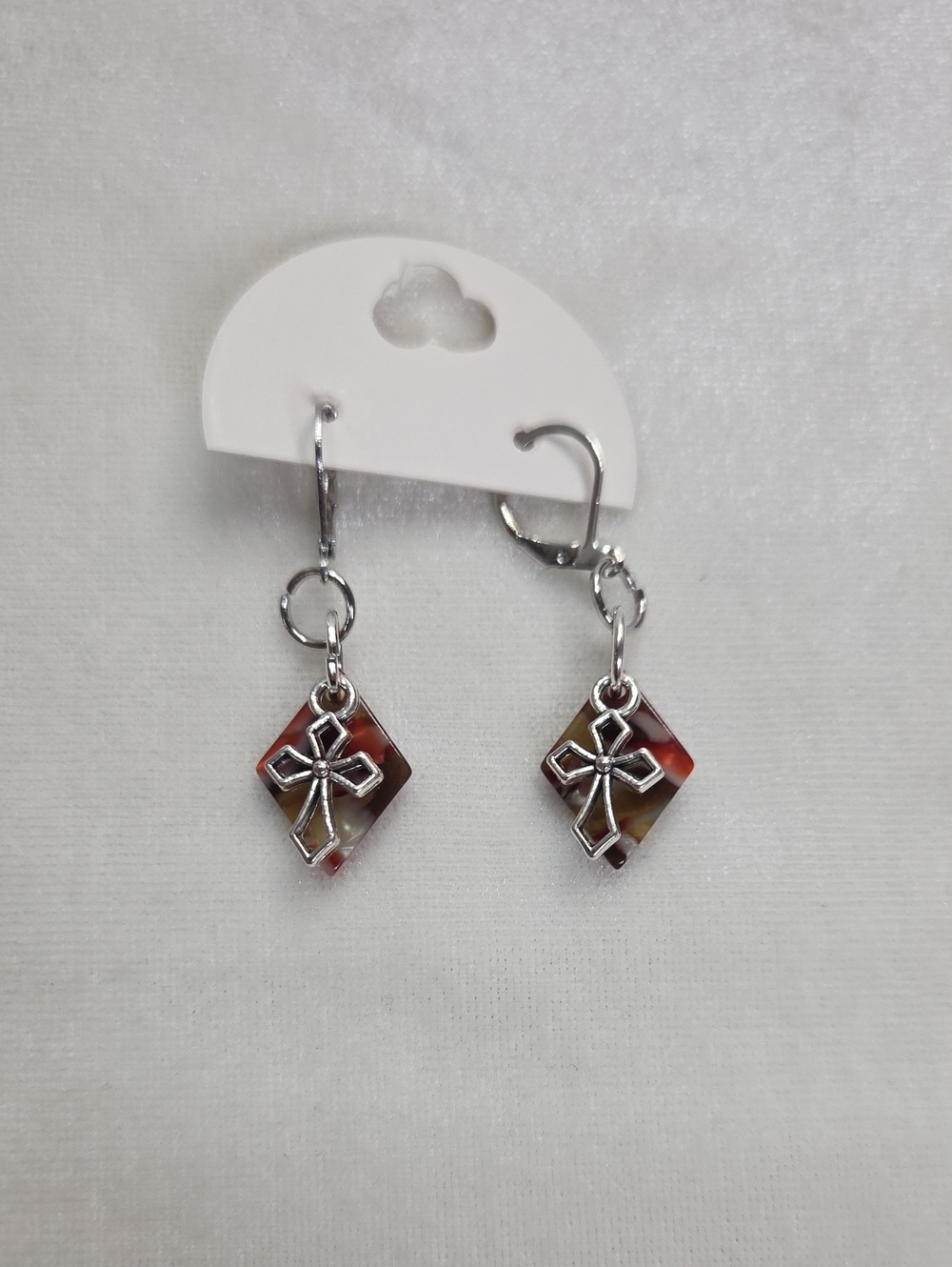 Handcrafted Silver Cross Pierced Earrings Silver Tone Red Acrylic Diamond NEW